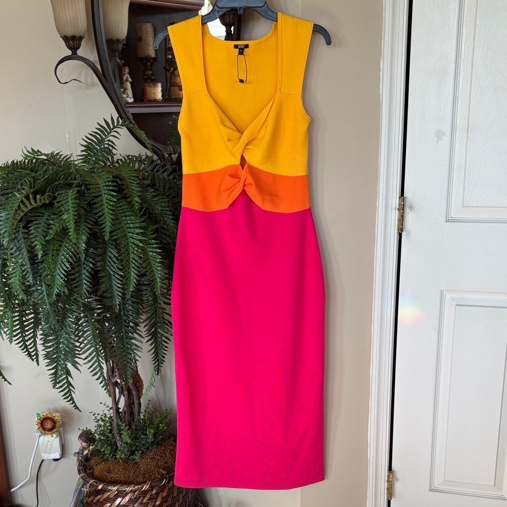 Express Body Contour Colorblock Bodycon Stretch Sleeveless Midi Dress Twist